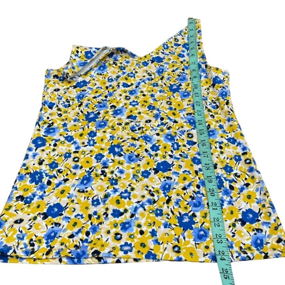 Ann Taylor Women Cotton/Spandex Floral Yellow & Blue Sleeveless V-Neck Top L - Picture 9 of 9